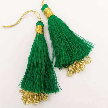 Green Tassels With Gold Beads, Beaded Thread Tassel Charms, Silky Tassels